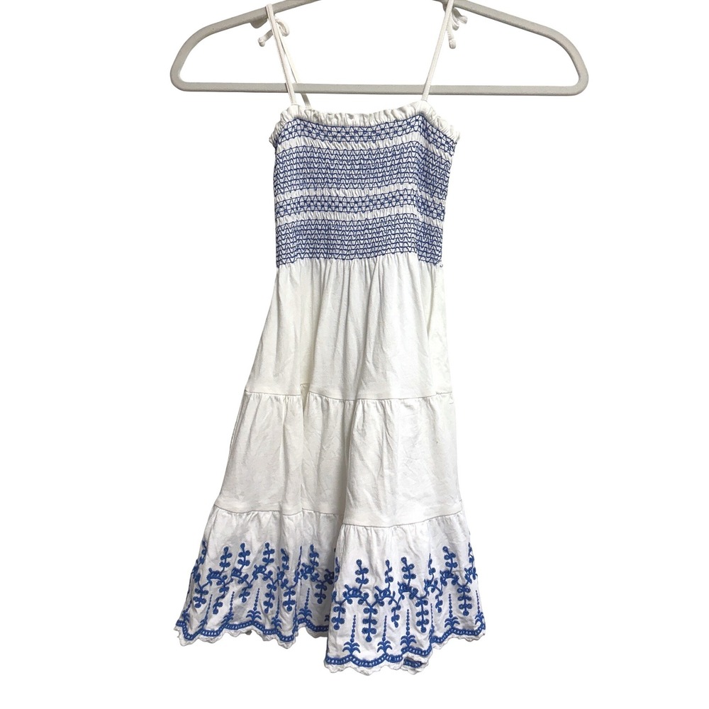 Polo Ralph Lauren Smocked Embroidered White Blue Tiered Dress Scalloped‎ Size 6